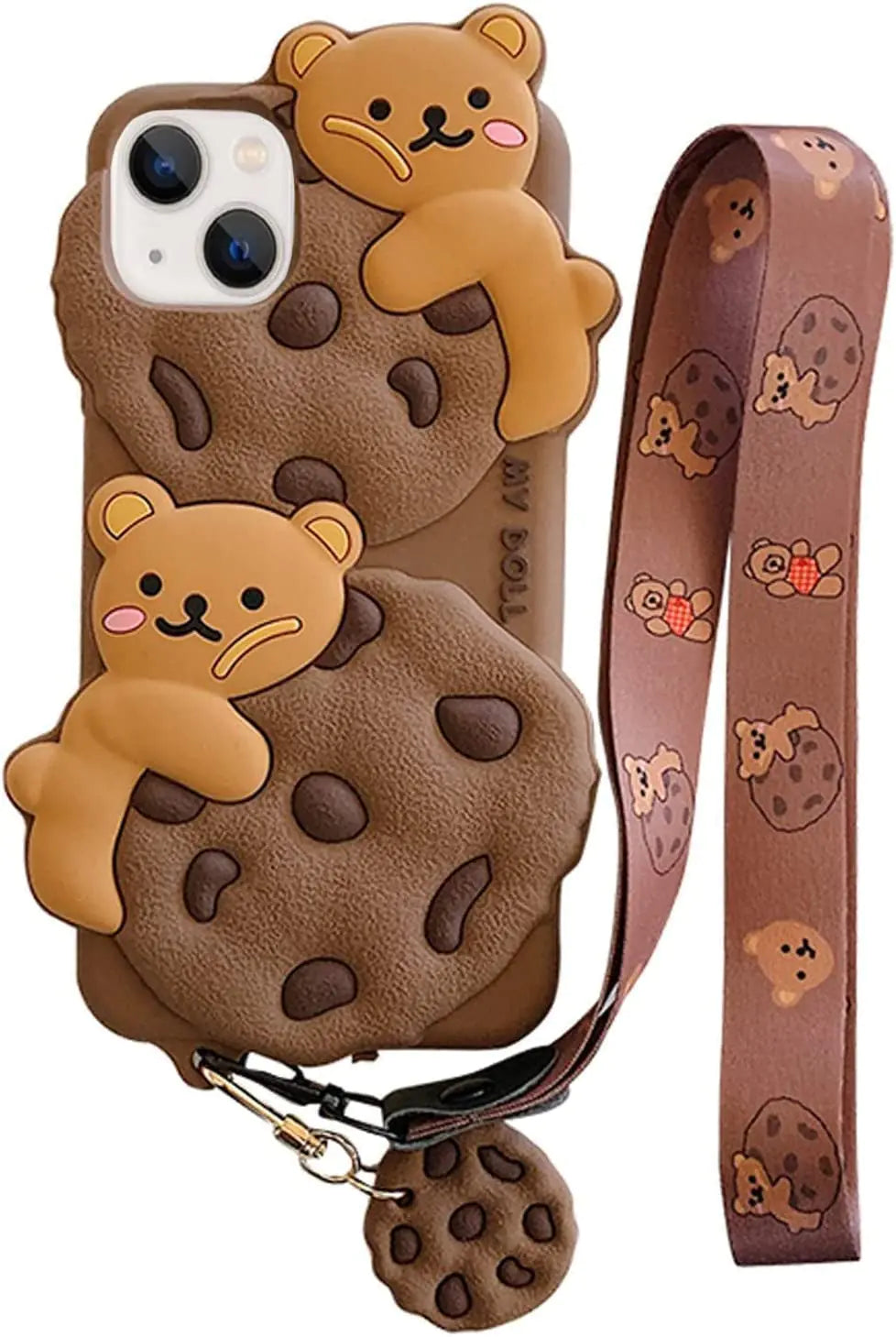 QoKcoahn Teddy Bear Case for iPhone 12/12 ProFunny 3D Cartoon Bear Cookie Cases with Keychain&Lanyard Cute Kawaii Phone Cases Soft Silicone Shockproof Protector Women Girls for iPhone 12/12 Pro