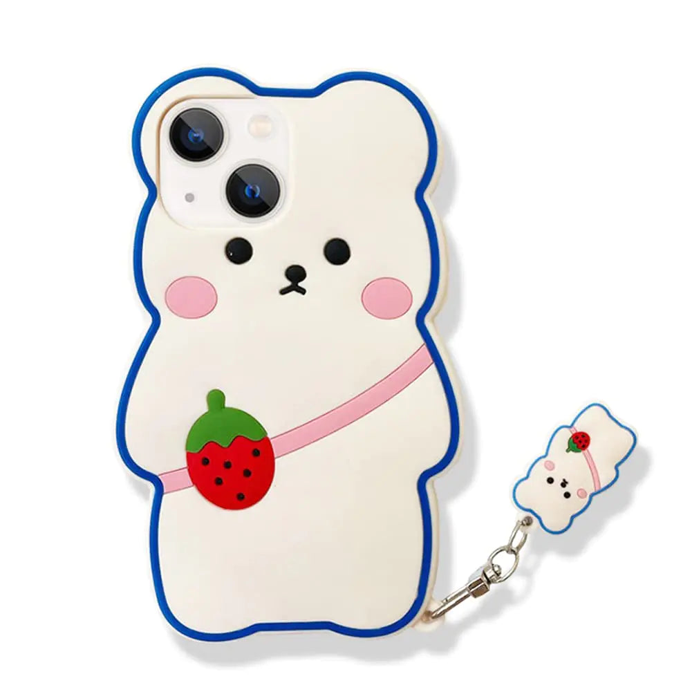 Yatchen Kawaii Phone Cases Apply to iPhone 13Cute Cartoon Bear Phone Case with Keychain Strawberry Bear Phone Case 3D iPhone 13 Case Soft Silicone Shockproof Cover for Women Girls